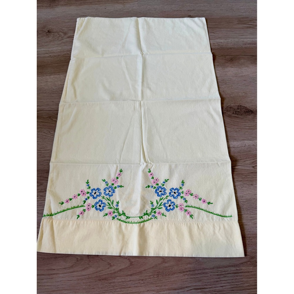 Vintage Hand Embroidered Floral Pillowcase Blue Pink Flowers Cottagecore Cream